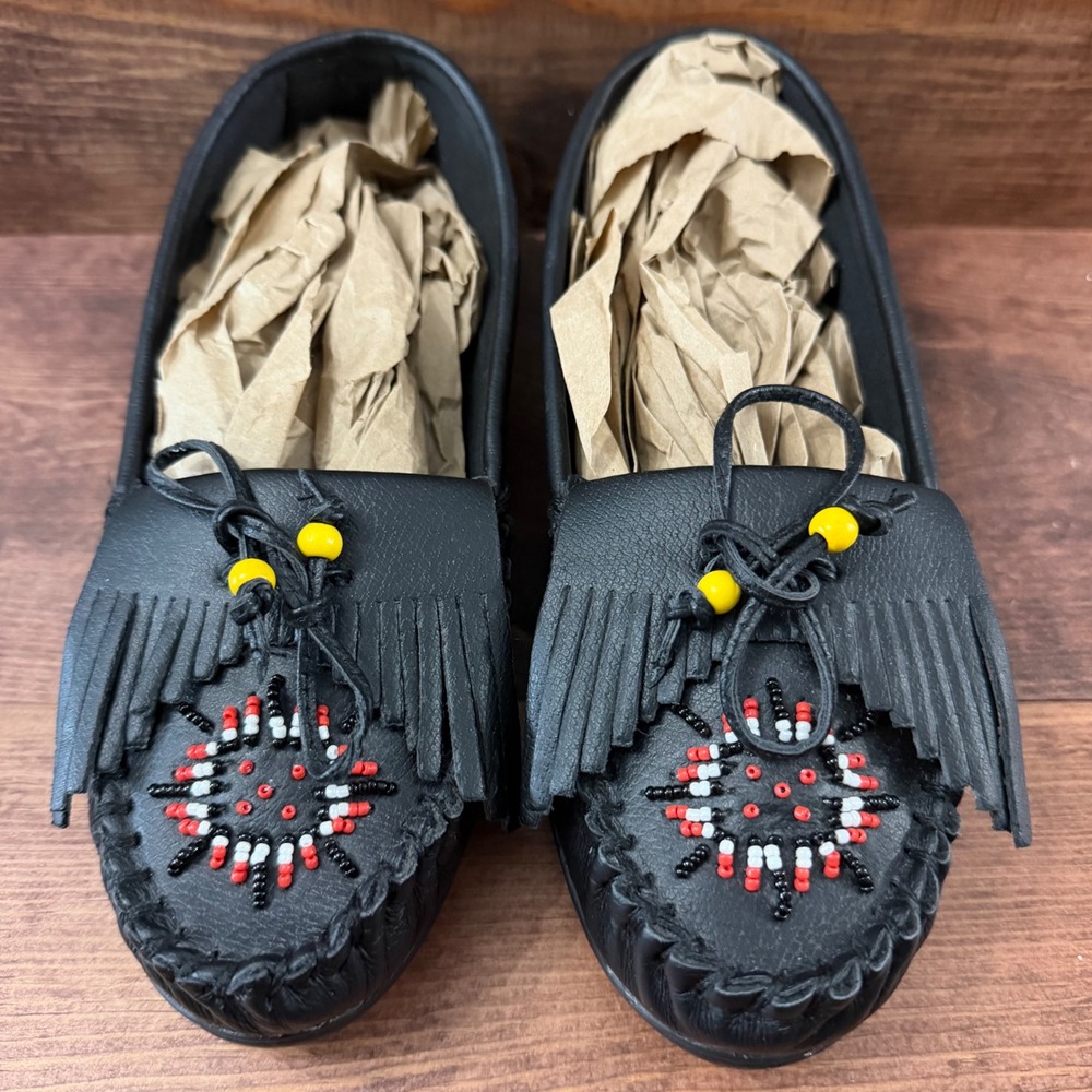 Black Leather Beaded Moccasin Loafers with Fringe Kiltie Women 9W Men 6